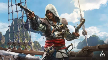 Personaj din Assassin's Creed IV: Black Flag cu arme pe un vas, pe fundal marin.