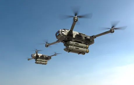 Drone de atac zburând pe un fundal albastru, simbolizând conflictul din Ucraina.