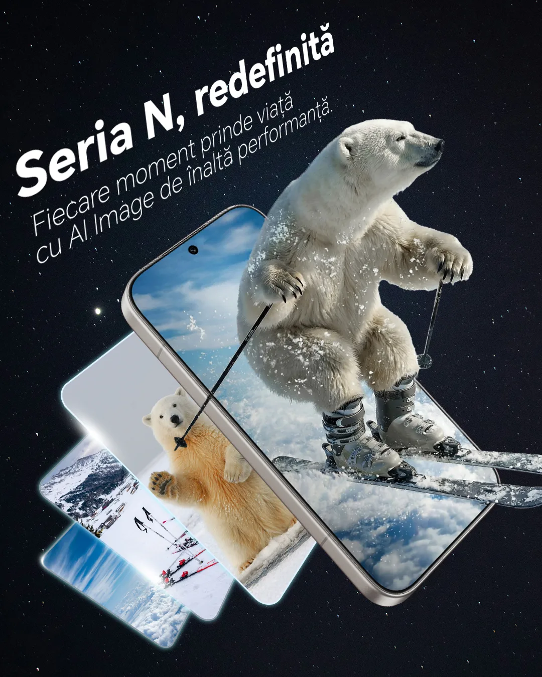 Un urs polar schiază pe un smartphone HONOR, evidențiind performanța AI.