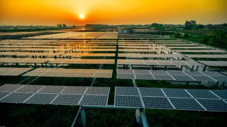 Centrala fotovoltaică Tudor Vladimirescu din Brăila, cu panouri solare la apus.