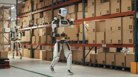 Roboți umanoizi în acțiune, organizând cutii într-un depozit.