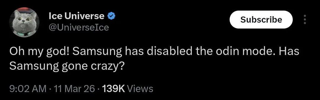 Anunț despre dezactivarea modului Odin de către Samsung.
