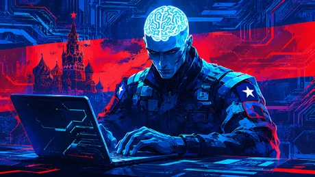 Un hacker lucrează la un laptop, cu un fundal tehnologic și simboluri rusești.