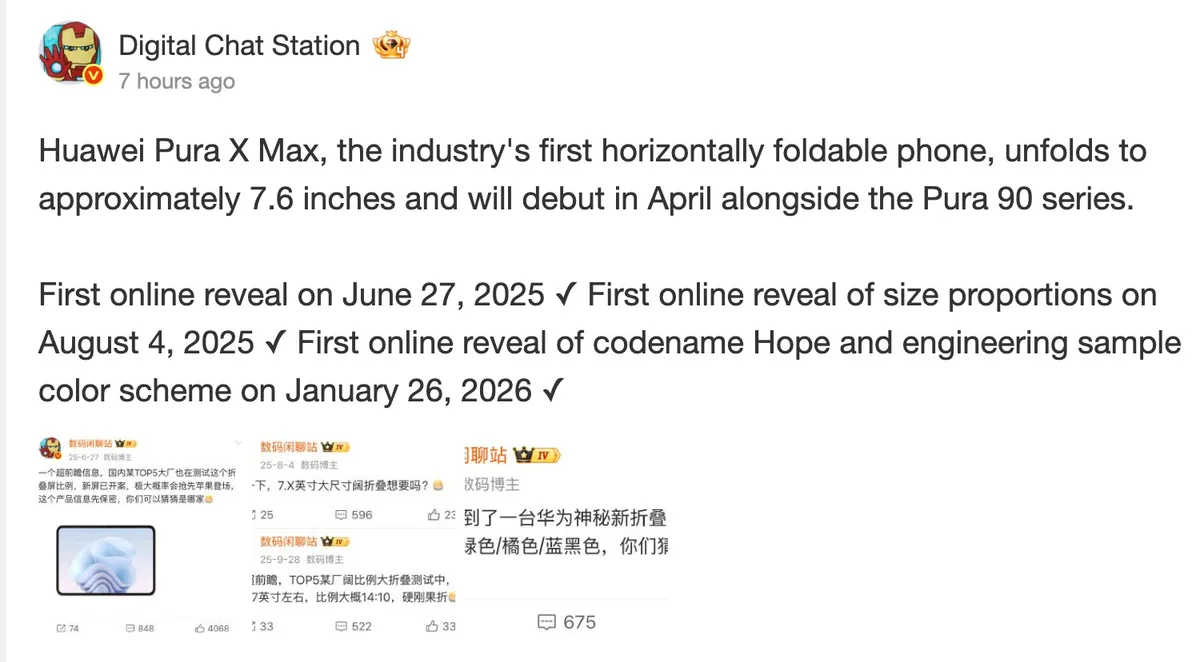 Huawei Pura X Max, telefon pliabil cu deschidere orizontală.