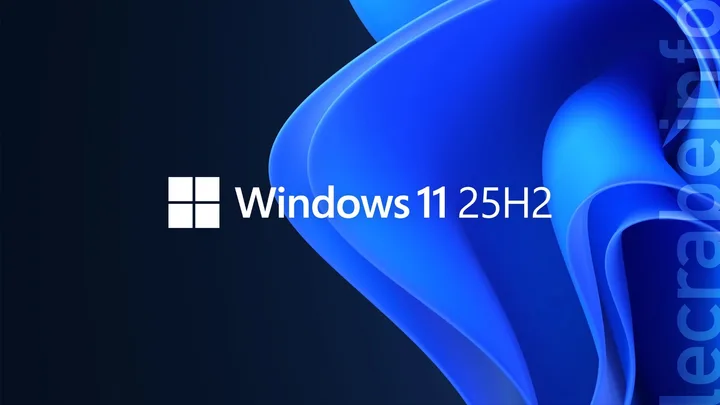 Logo Windows 11 25H2 pe un fundal albastru modern.