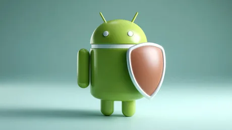 Robot verde Android ținând un scut, simbolizând securitatea aplicațiilor.