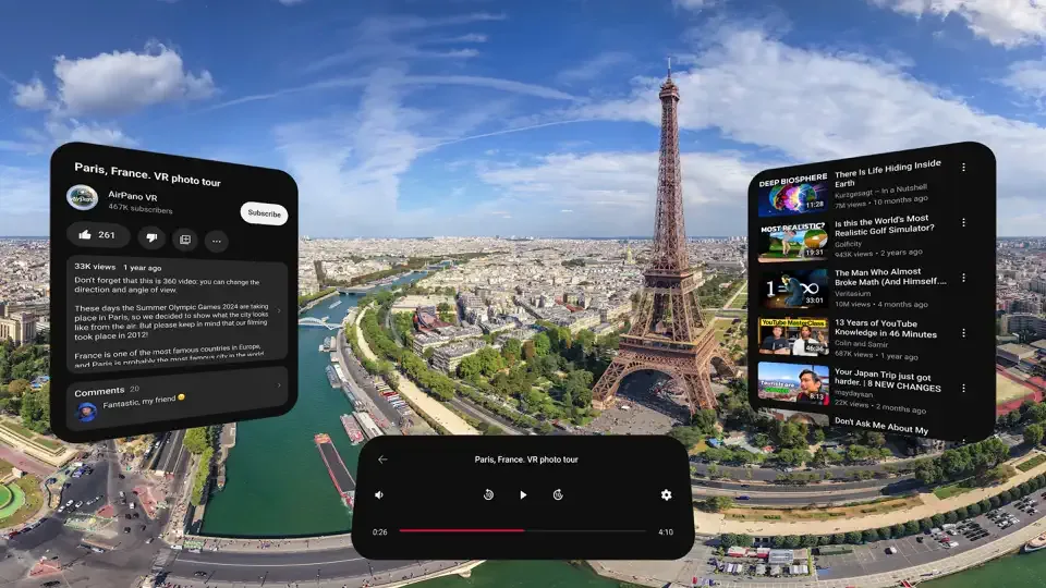 Vedere panoramică asupra Parisului cu aplicația YouTube pe Apple Vision Pro.