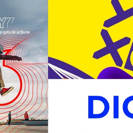 Utilizator care se bucură de servicii mobile în aer liber, cu logo-uri Vodafone și DIGI în fundal.