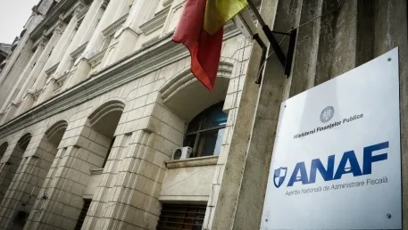 Sediul ANAF, simbol al colectării fiscale în România, cu steagul național în prim-plan.
