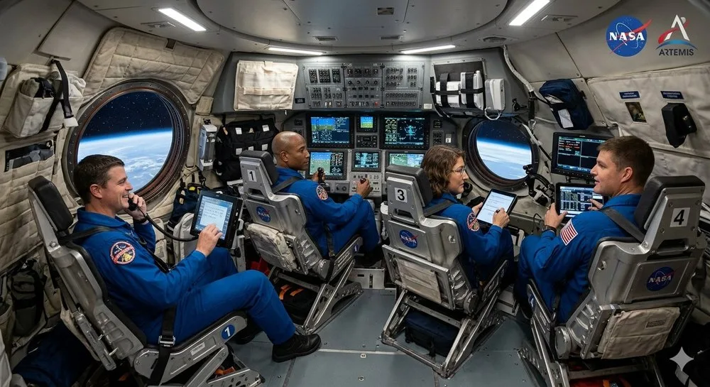 Astronauții din programul Artemis în cabină, pregătiți pentru misiune.