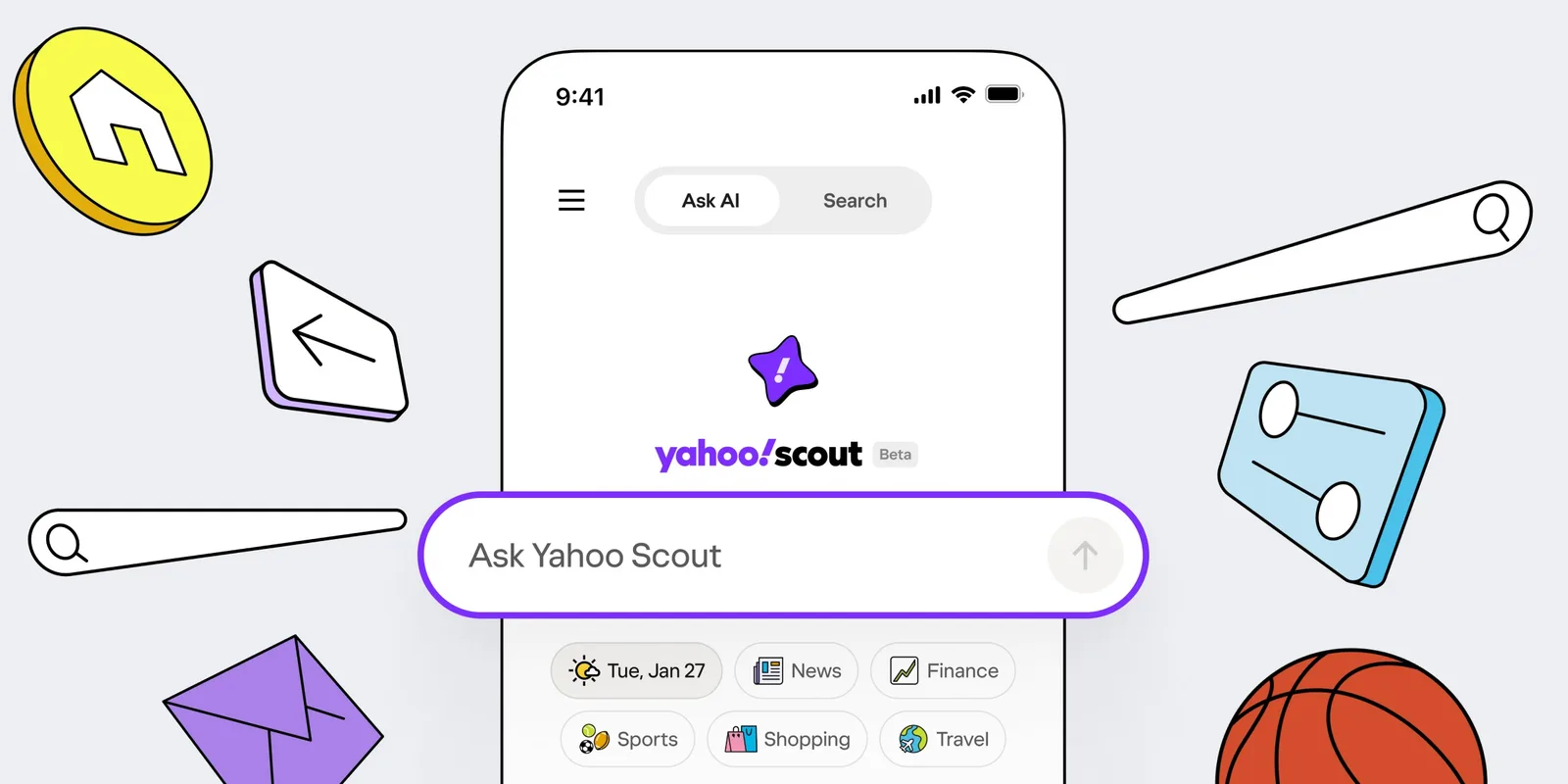 Interfața Yahoo Scout, un motor AI pentru răspunsuri rapide și structurate.