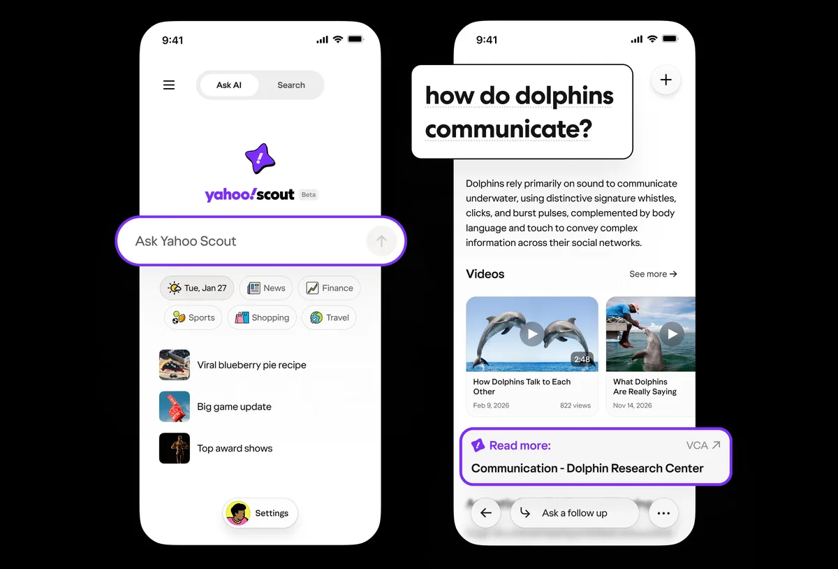 Interfața Yahoo Scout cu întrebări și răspunsuri sintetizate.