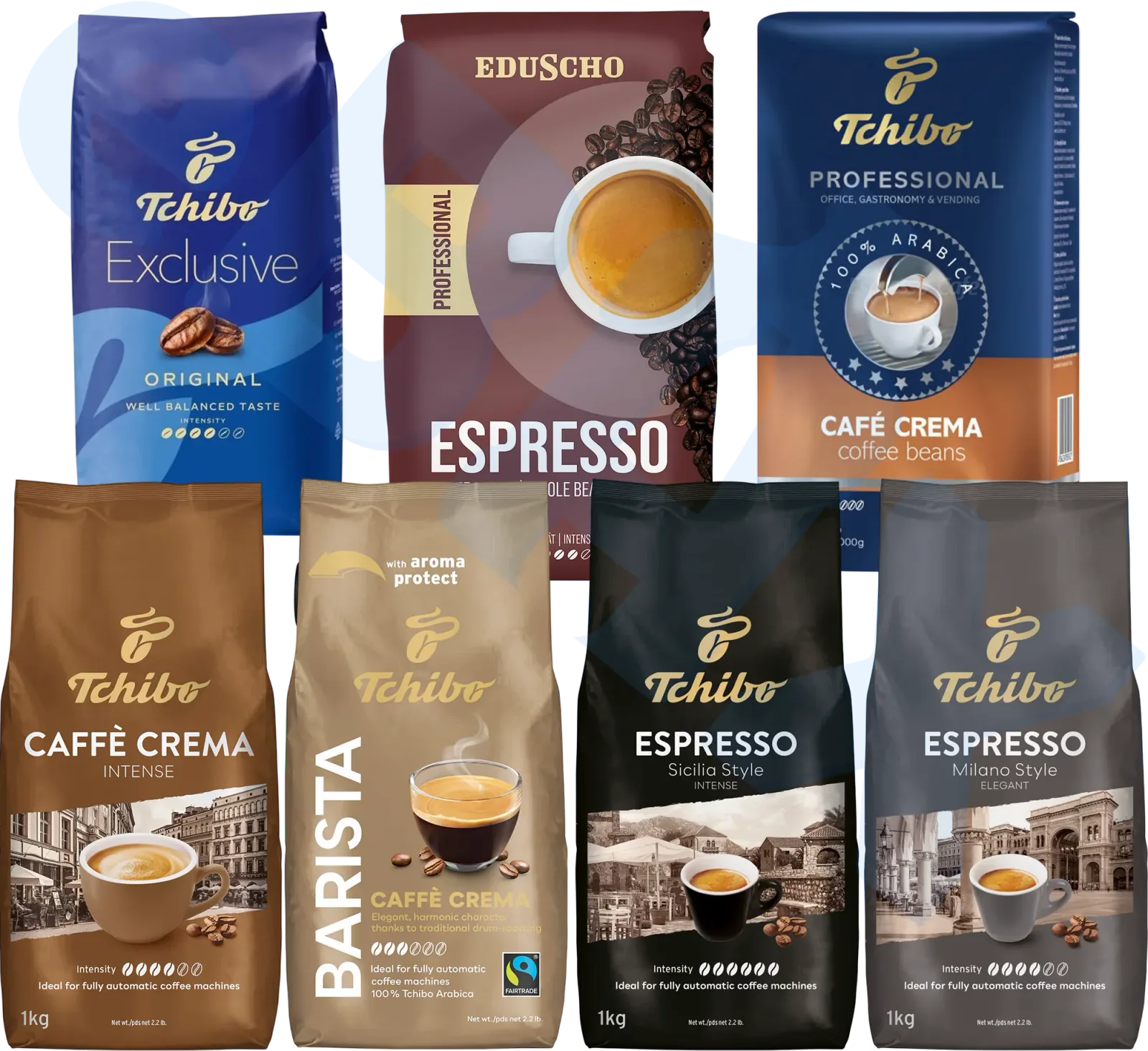 Diferite sortimente de cafea Tchibo expuse pe un fundal albastru.