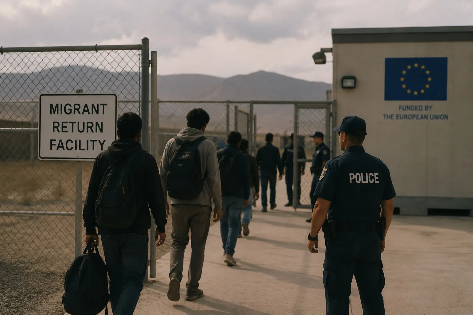 Migranți îndreptându-se spre un centru de returnare în afara Uniunii Europene.