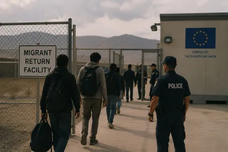 Migranți îndreptându-se spre un centru de returnare în afara Uniunii Europene.