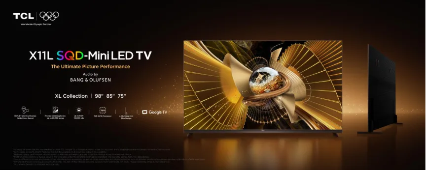 Televizor TCL X11L evidențiind tehnologia SQD-Mini LED.