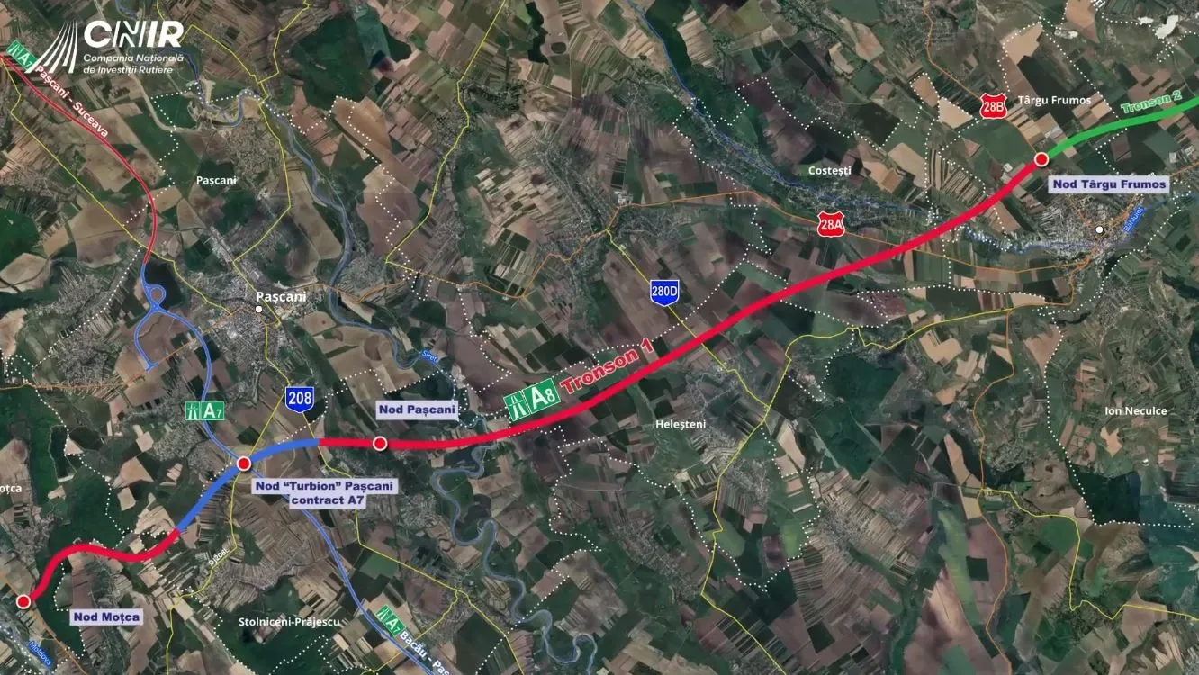 Traseul autostrăzii A8 între Târgu Neamț și Târgu Frumos, cu detalii despre lucrări.