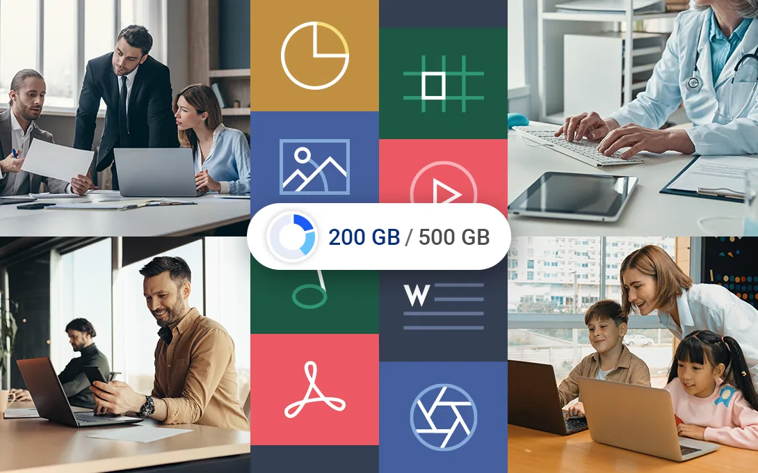 Utilizatori colaborând la birou, folosind soluții de stocare cloud.