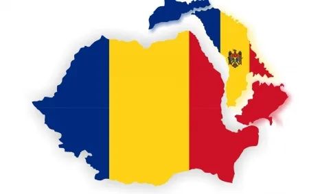 Harta României și a Republicii Moldova cu steagurile naționale.