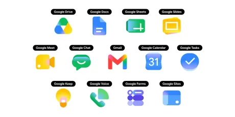Noile iconițe Google Workspace cu design gradient pentru aplicații web și mobile.