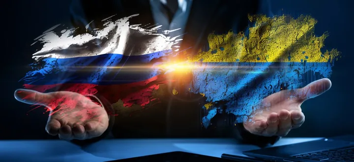 Simboluri ale conflictului dintre Rusia și Ucraina, reprezentate prin culori și texturi.