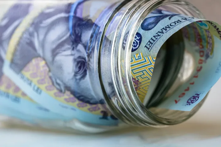 Bancnote românești în borcan, simbolizând investiții străine.