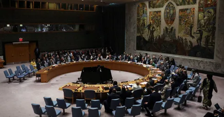Reuniune a Consiliului de Securitate ONU cu participanți și decoruri specifice.