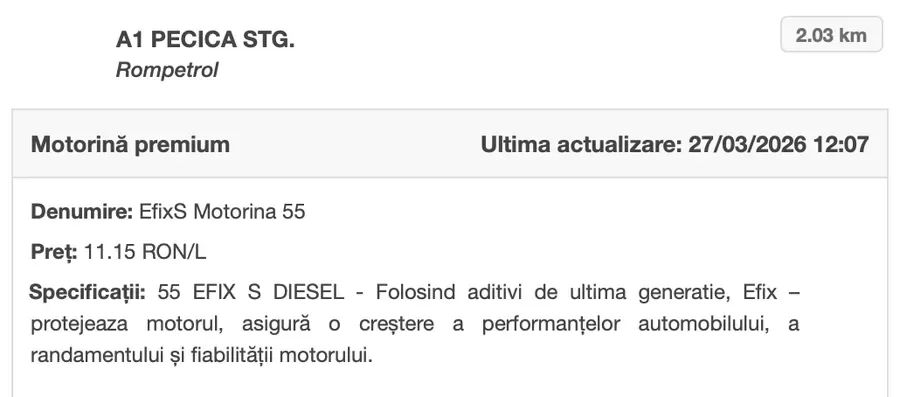 Preț motorină premium la Rompetrol în Pecica.