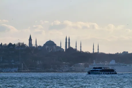 Peisaj urban din Istanbul cu moschei și apă, simbol al orașului istoric.