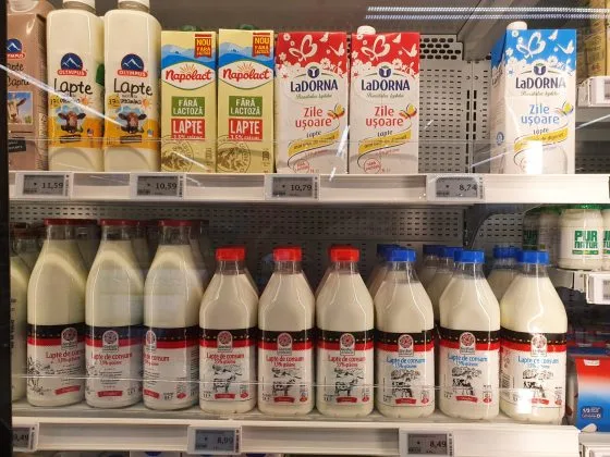 Produse lactate expuse pe rafturi într-un magazin din România.