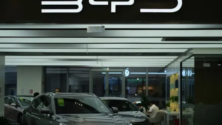 Showroom cu vehicule electrice BYD expuse la vânzare.