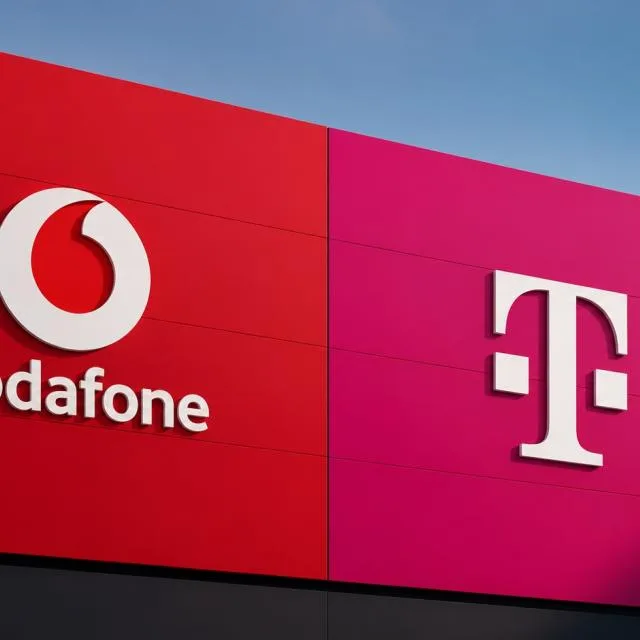Logo-urile Vodafone și Telekom pe un fundal colorat, simbolizând fuziunea dintre cele două companii.
