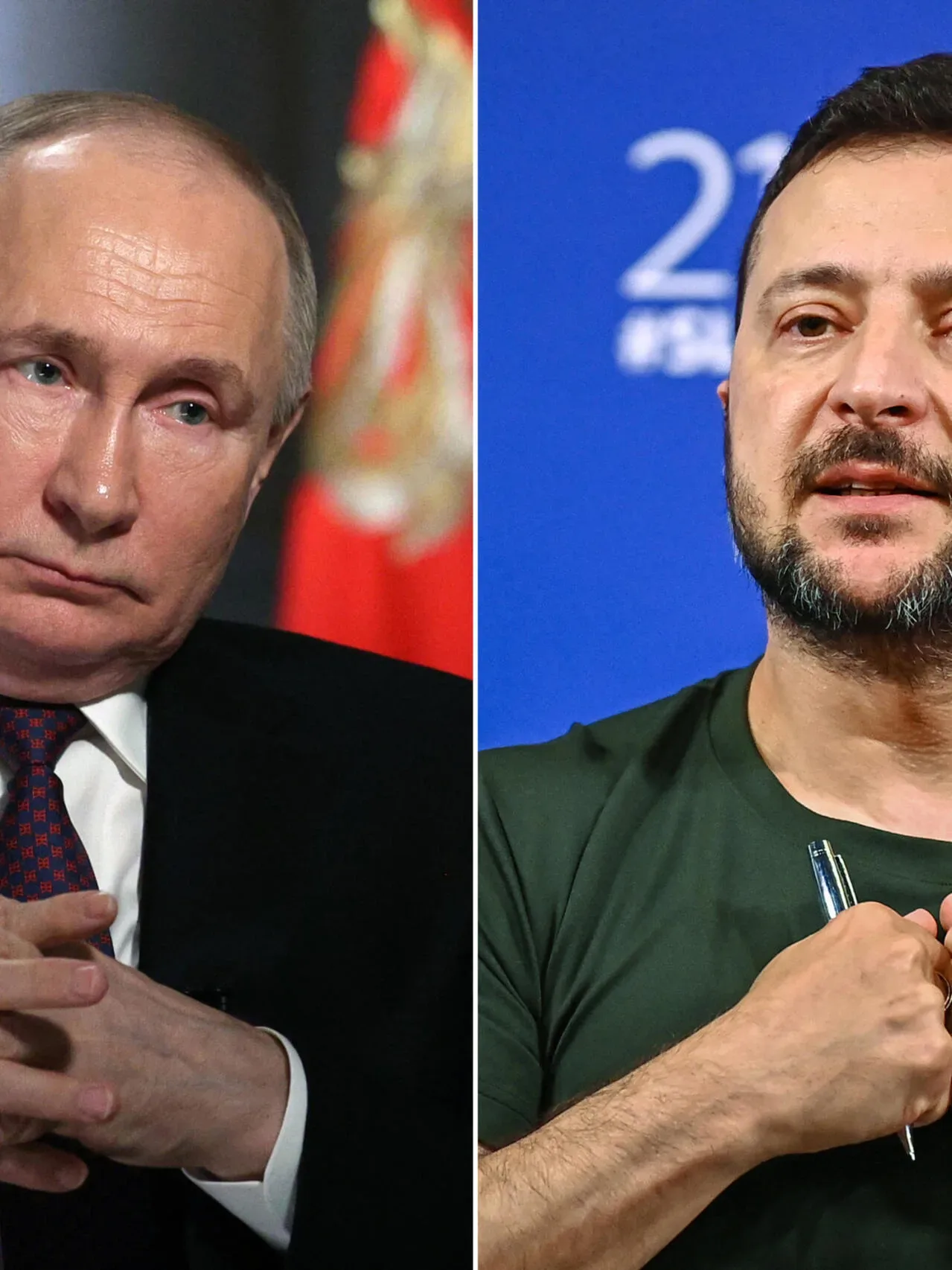 Vladimir Putin și Volodimir Zelenski în discuții tensionate.