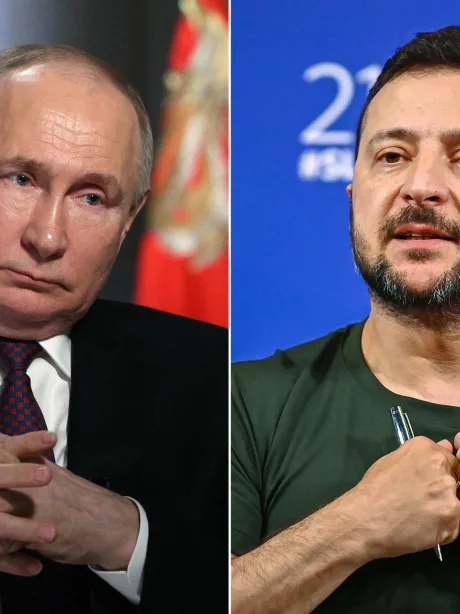 Vladimir Putin și Volodimir Zelenski în discuții tensionate.