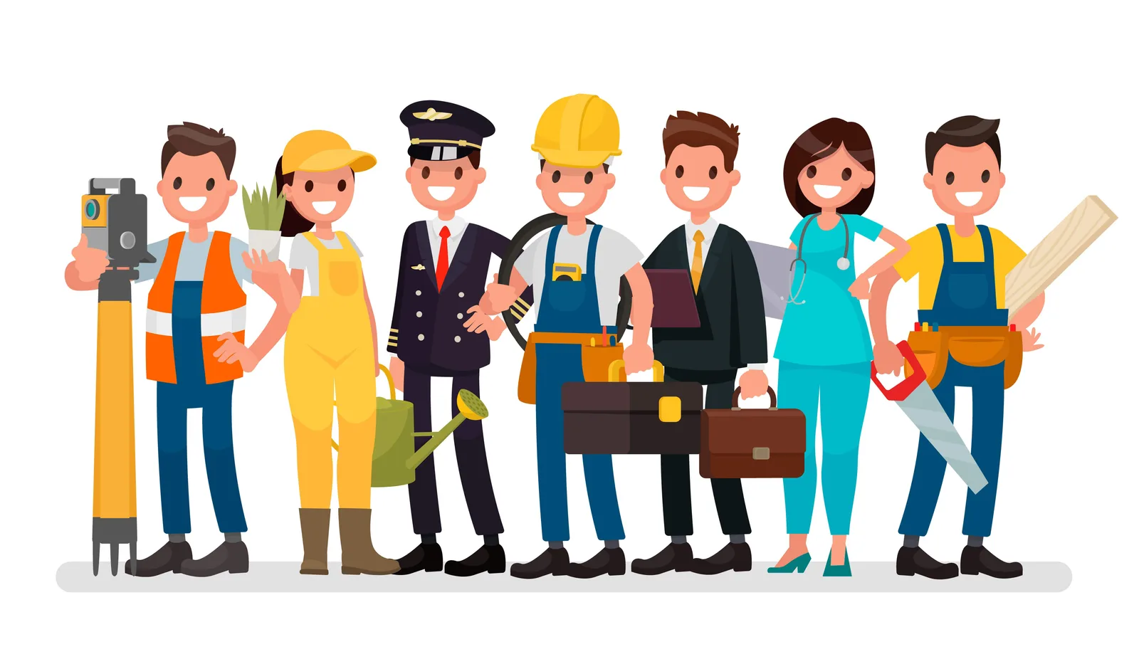 Diverse profesii reprezentate de oameni zâmbitori în haine de lucru