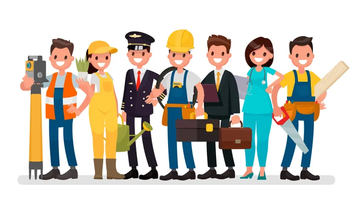 Diverse profesii reprezentate de oameni zâmbitori în haine de lucru