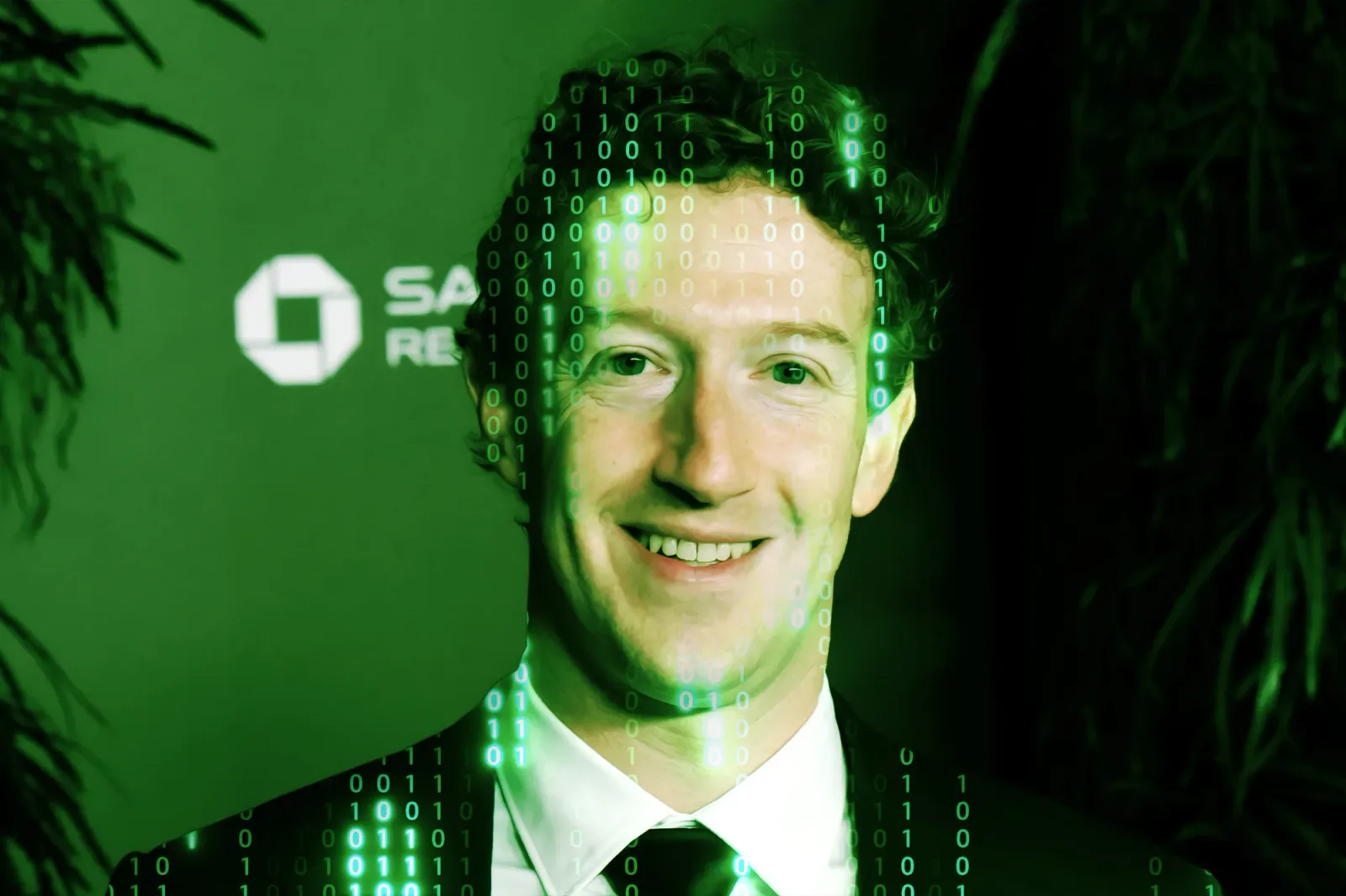 Mark Zuckerberg zâmbind, cu un fundal digital de coduri.