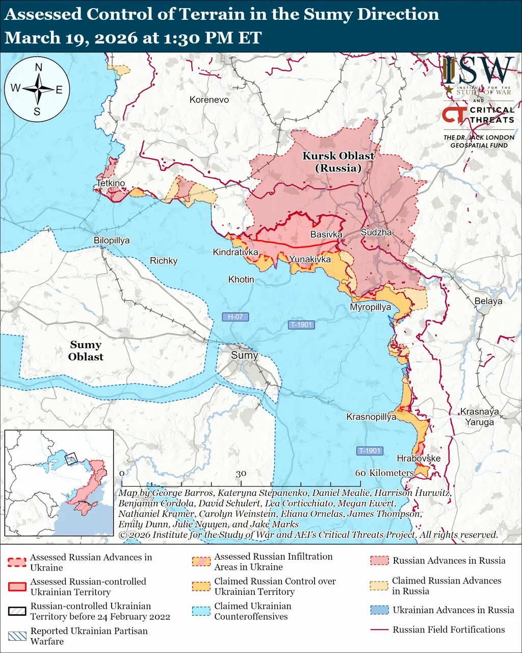 Harta avansurilor rusești și ucrainene în direcția Sumy pe 19 martie 2026.