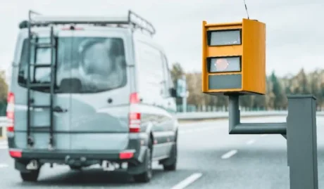 Un campervan trece pe lângă un radar de viteză pe autostradă.