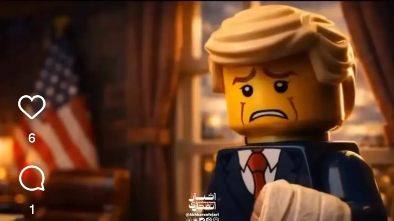 Figură din LEGO cu expresie tristă, în fundal un decor elegant.