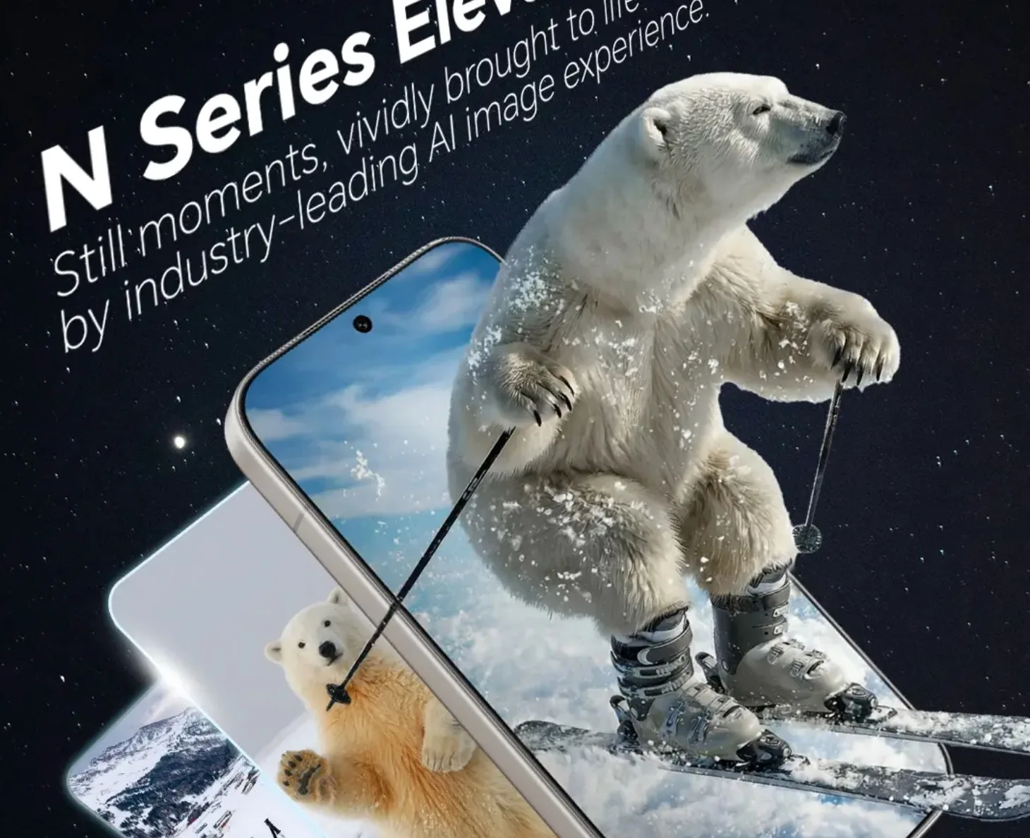 Un urs polar schiază pe un telefon, evidențiind tehnologia avansată de fotografie AI.