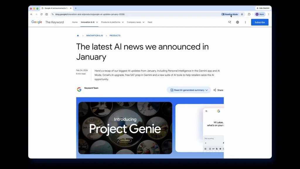 Interfața Chrome cu file verticale și mod de citire activat.