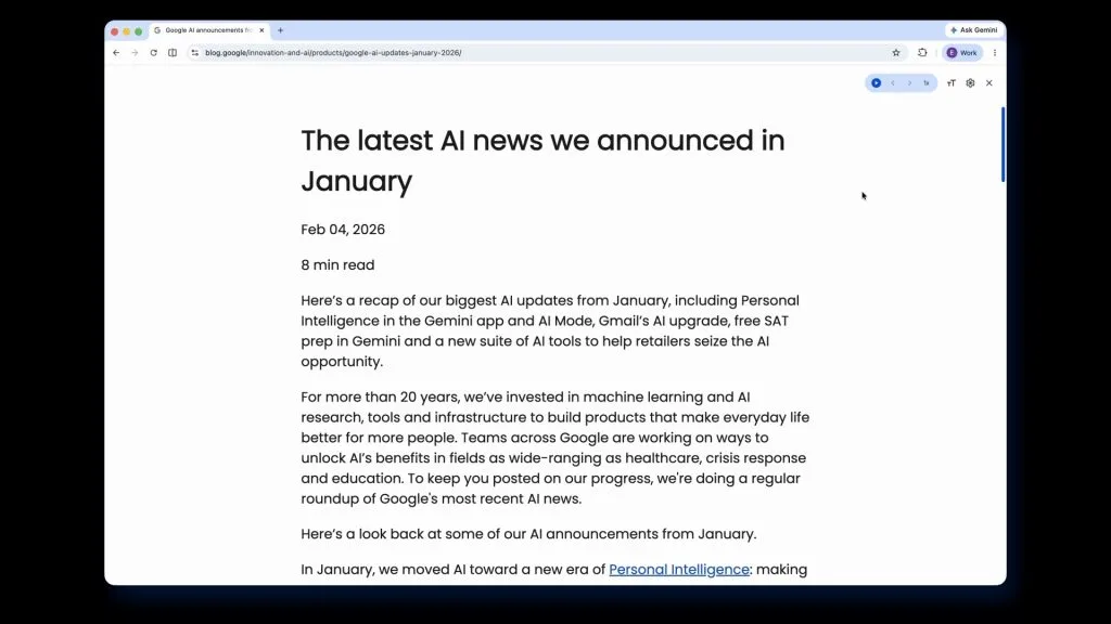 Pagina de știri AI cu opțiunea de citire pe tot ecranul.