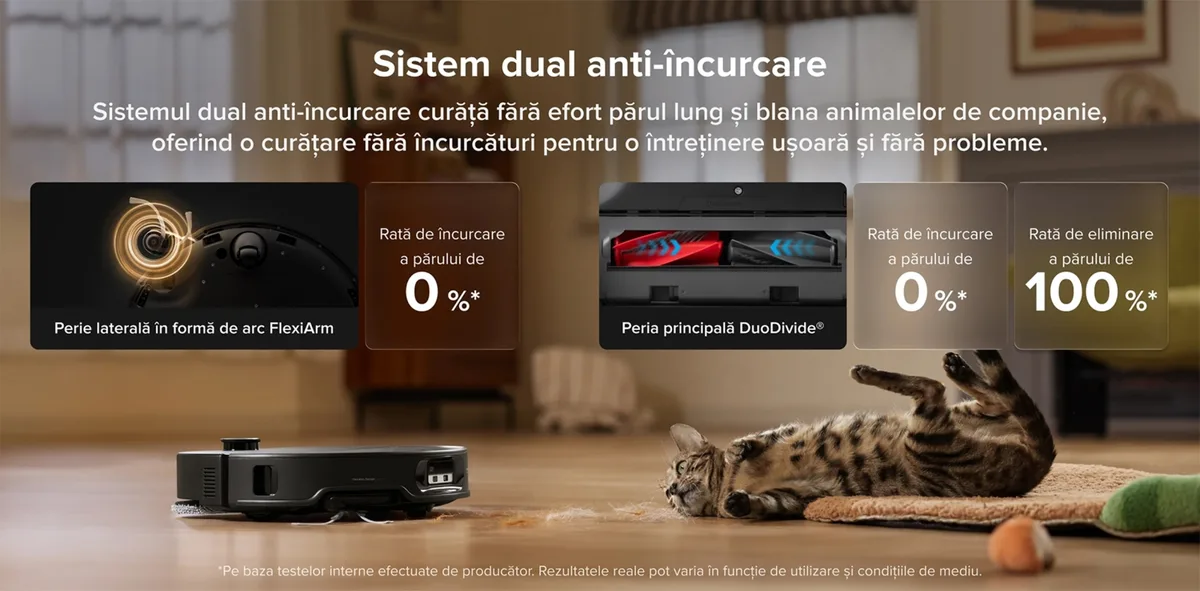 Sistem dual anti-încurcare pentru curățenie eficientă.