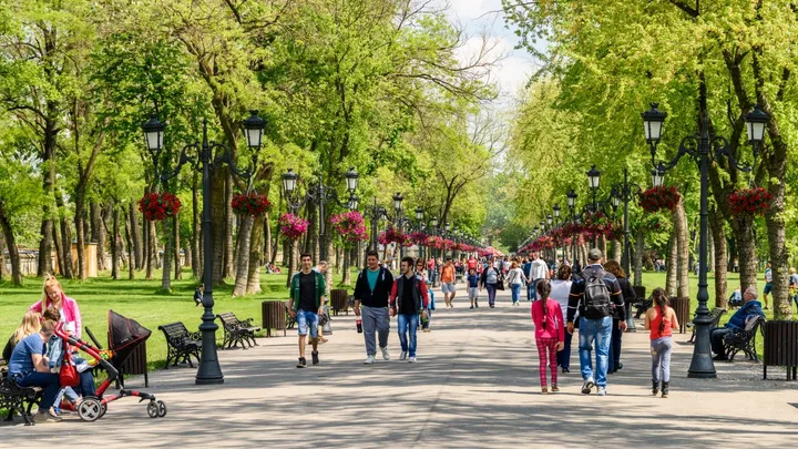 Oameni plimbându-se printr-un parc verde, cu copaci și flori colorate.