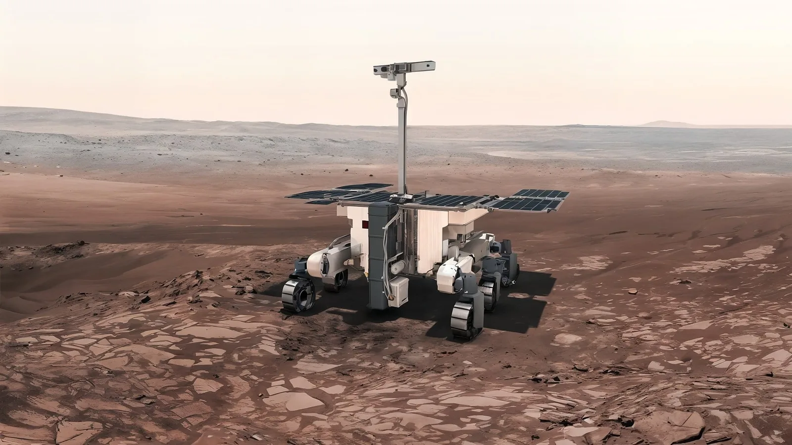 Roverul Rosalind Franklin pe Marte, explorând suprafața Planetei Roșii.