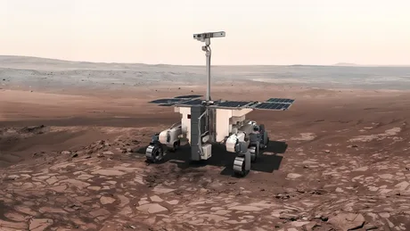 Roverul Rosalind Franklin pe Marte, explorând suprafața Planetei Roșii.