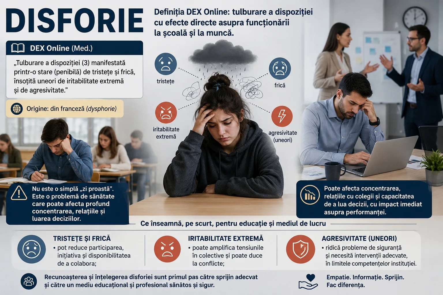 Definiția disforiei și impactul acesteia asupra sănătății mintale și educației.