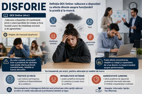 Definiția disforiei și impactul acesteia asupra sănătății mintale și educației.