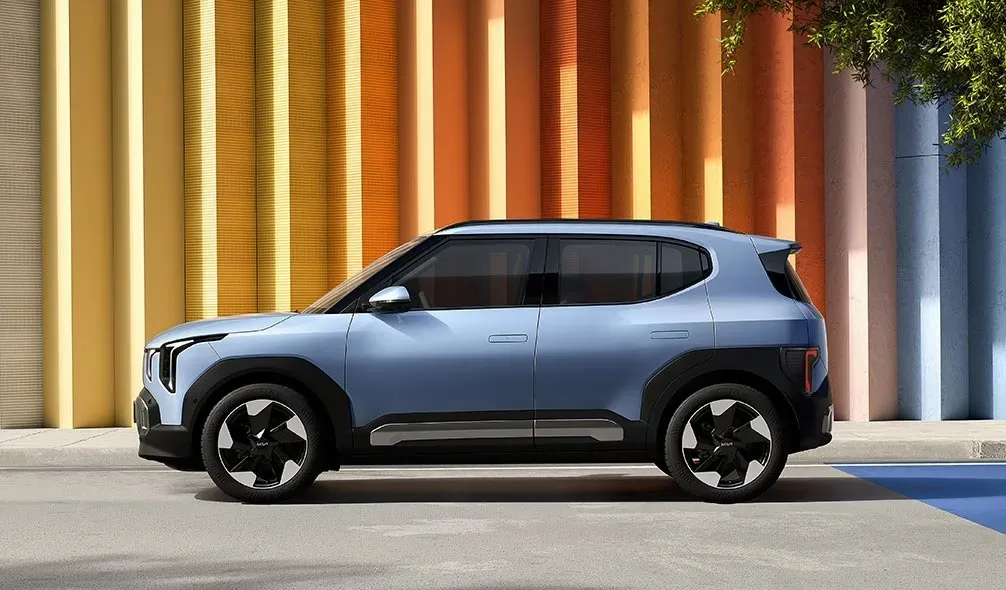 Designul exterior al Kia EV2, cu proporții rectangulare distincte.